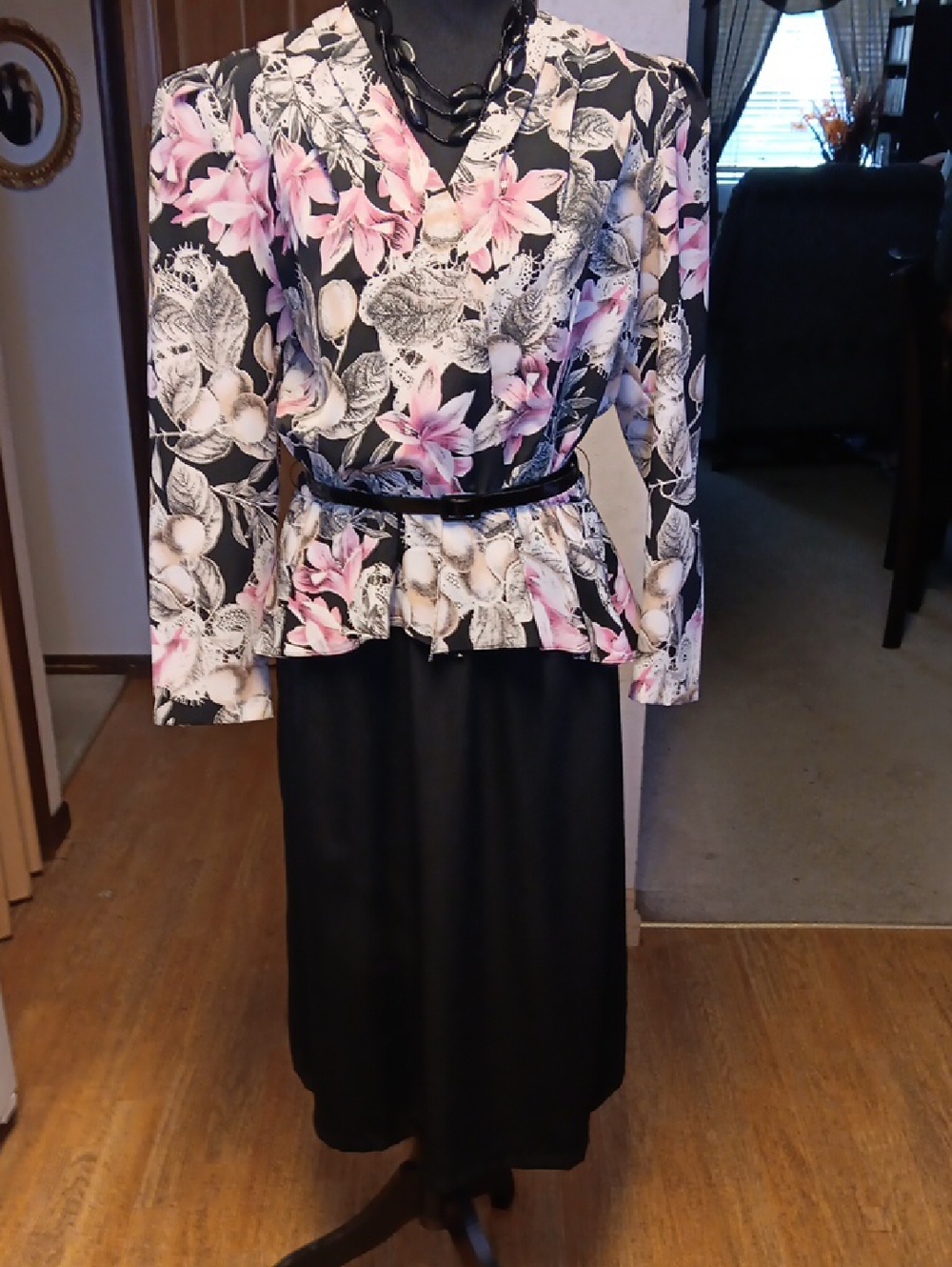 Lady Page Floral Black & Pink Long Sleeve Dress with Belt